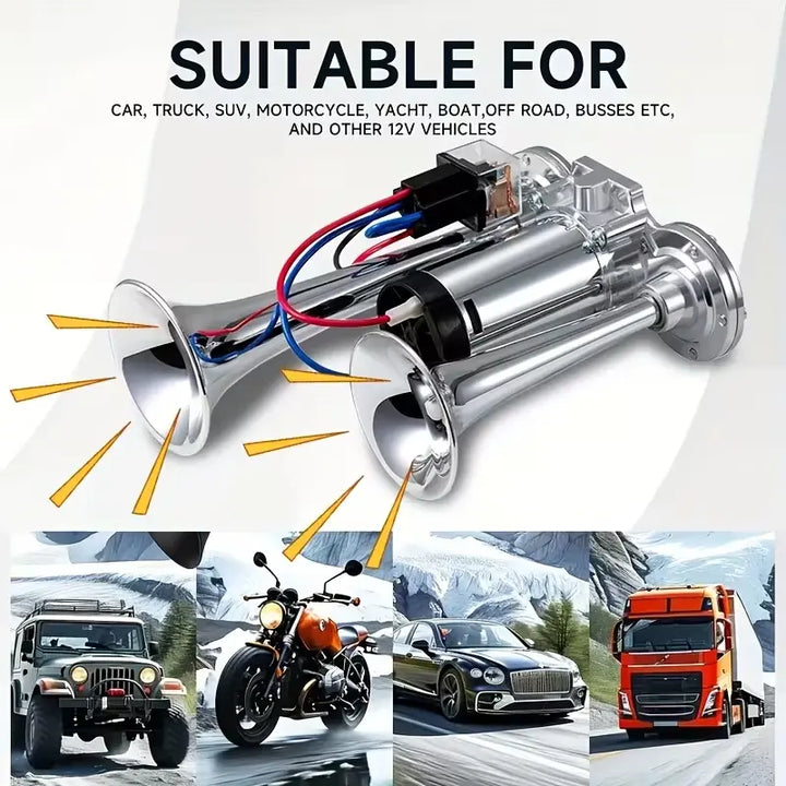 Dual Horn System with Built-In Compressor for 12V Vehicles