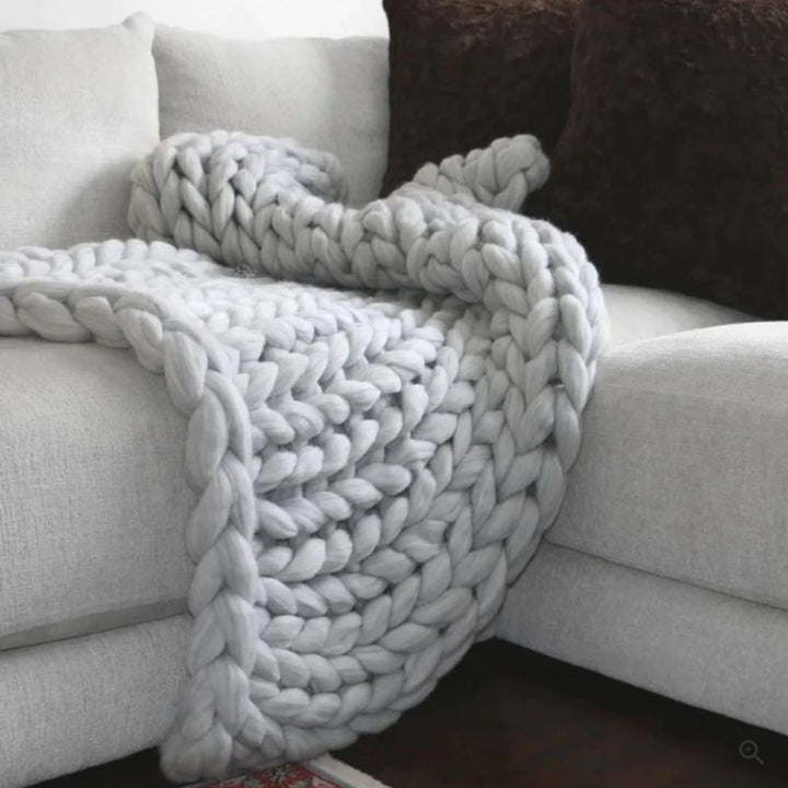 Hand Knitted Wool Blanket with Open Weave and Temperature Regulation