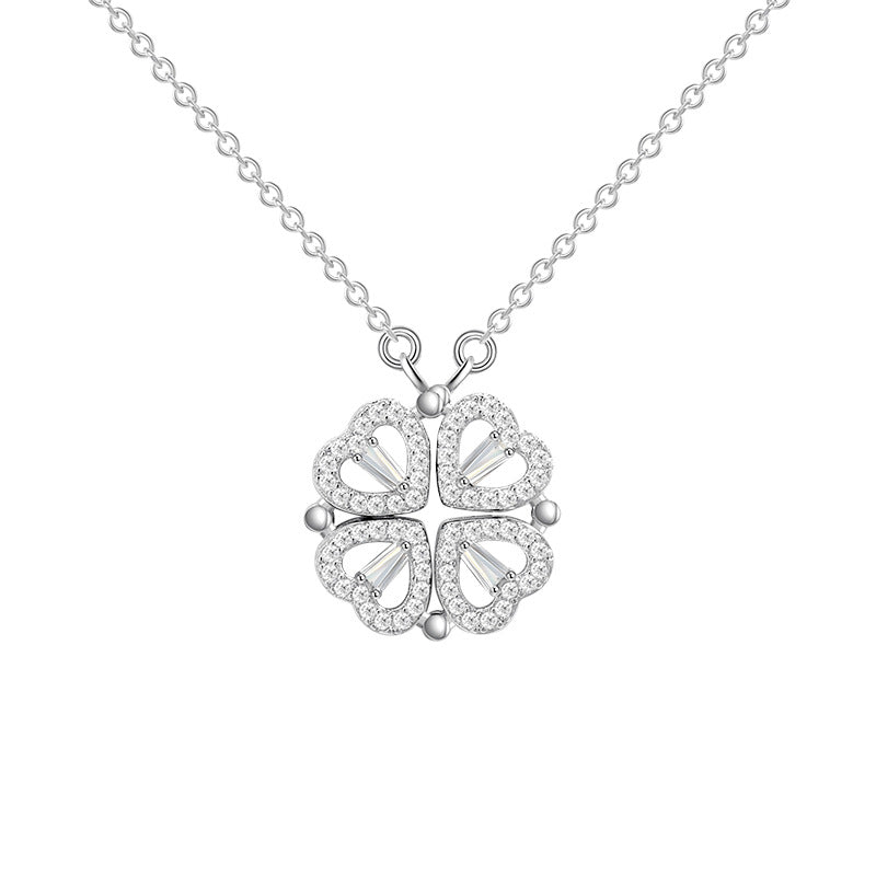Four Heart Clover Pendant Necklace with Adjustable Chain and Gift Box