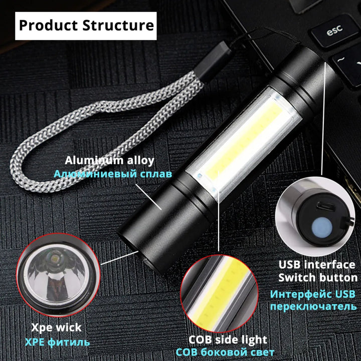 Rechargeable Mini Flashlight with COB Side Light, 3 Lighting Modes and USB Charging