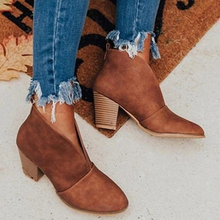 Womens Slip-On Ankle Boots with V Cut and 3-Inch Stacked Heel, Almond Toe