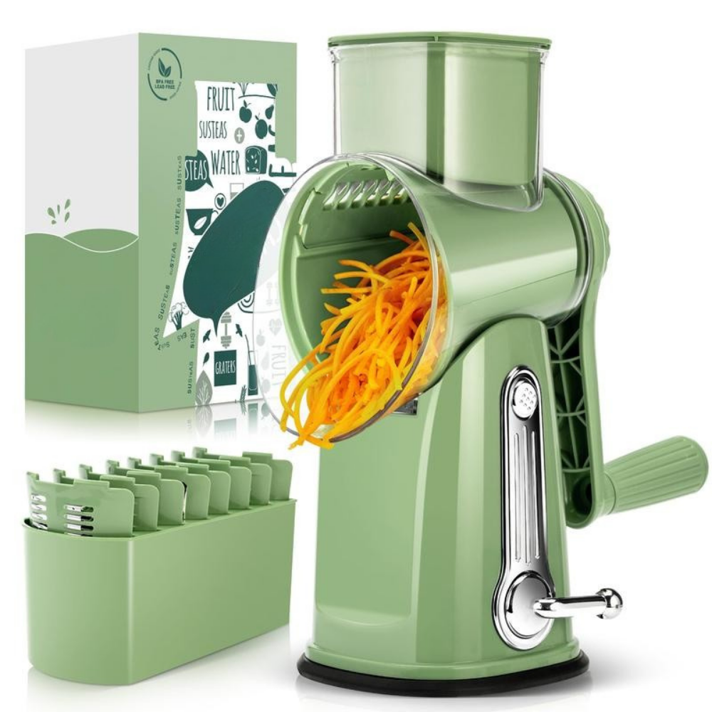 Rotary Vegetable Grater with Five Interchangeable Blades and Suction Cup Base