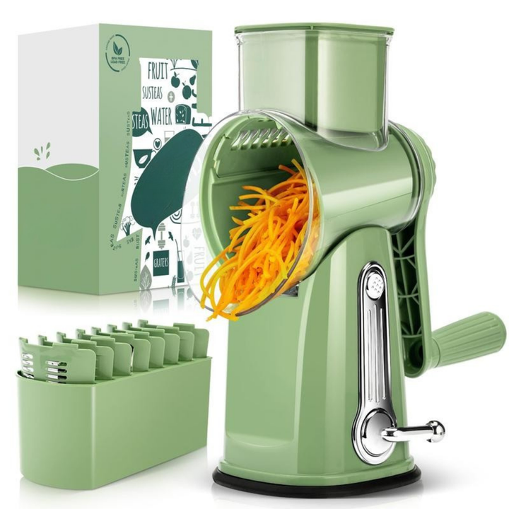 Rotary Vegetable Grater with Five Interchangeable Blades and Suction Cup Base