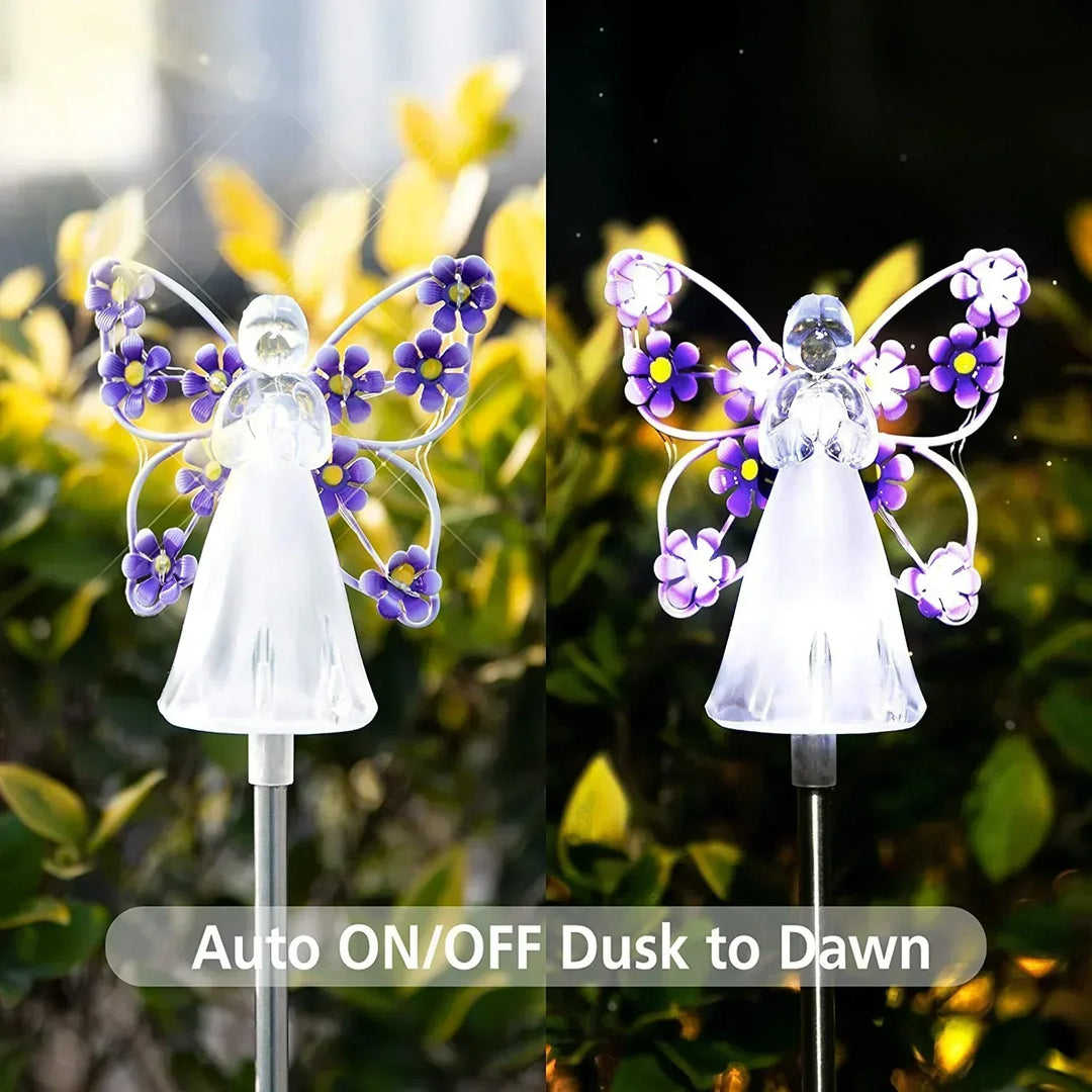 Solar Powered Angel Garden Stake with Warm White LED and Auto Dusk Activation