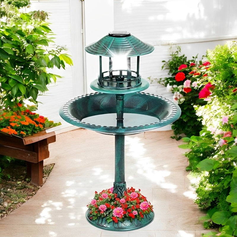 Solar-Powered Bird Bath on Stand with Built-In Planter and LED Lamp