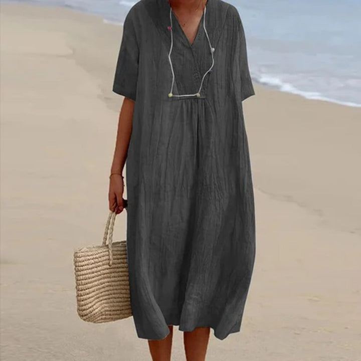 Linen Blend Midi Dress with V-Neck and Loose Fit, Machine Washable