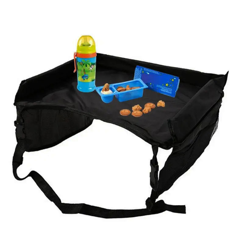 Car Seat Tray with Molded Cup Holder and Mesh Storage Pocket, Folds Flat