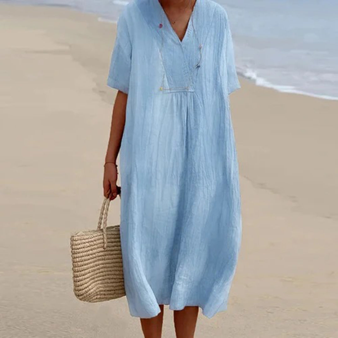 Linen Blend Midi Dress with V-Neck and Loose Fit, Machine Washable
