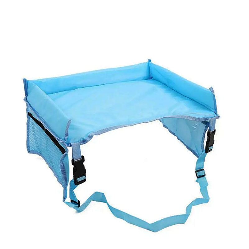 Car Seat Tray with Molded Cup Holder and Mesh Storage Pocket, Folds Flat