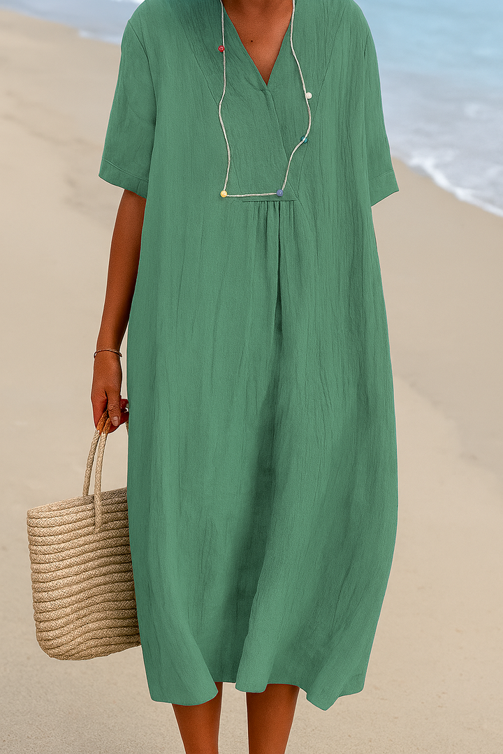 Lightweight Polyester Beach Dress with V-Neck and Slip-On Design