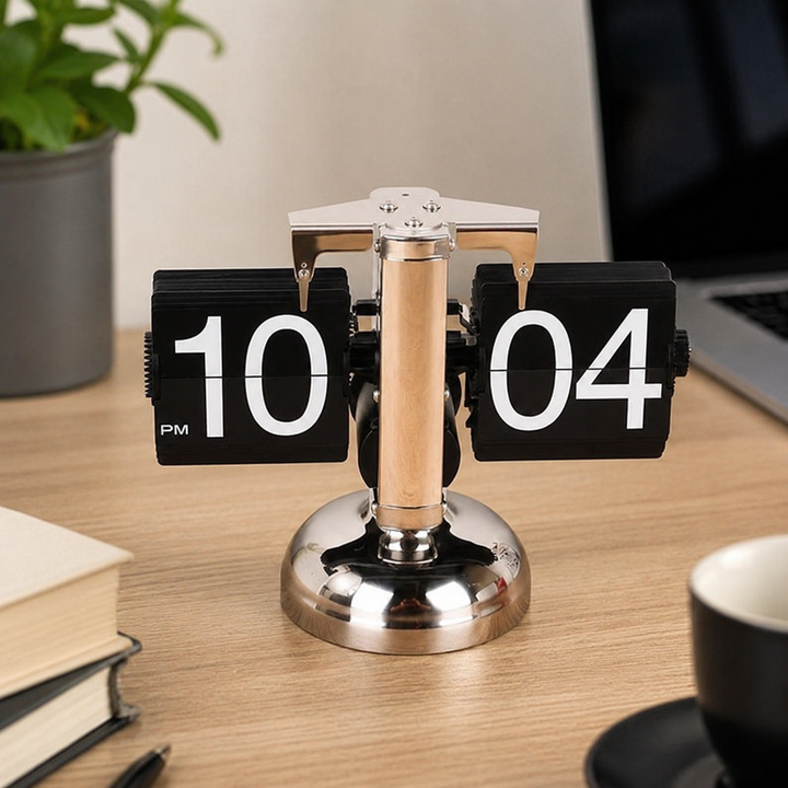Flip Card Desk Clock with Automatic Number Rotation and Silent Quartz Movement