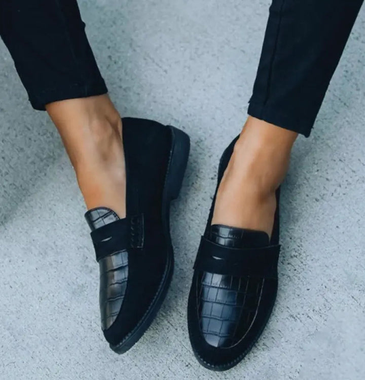 Womens Loafers with Cushioned Insole and Slip-On Croc-Embossed Faux Leather, Black