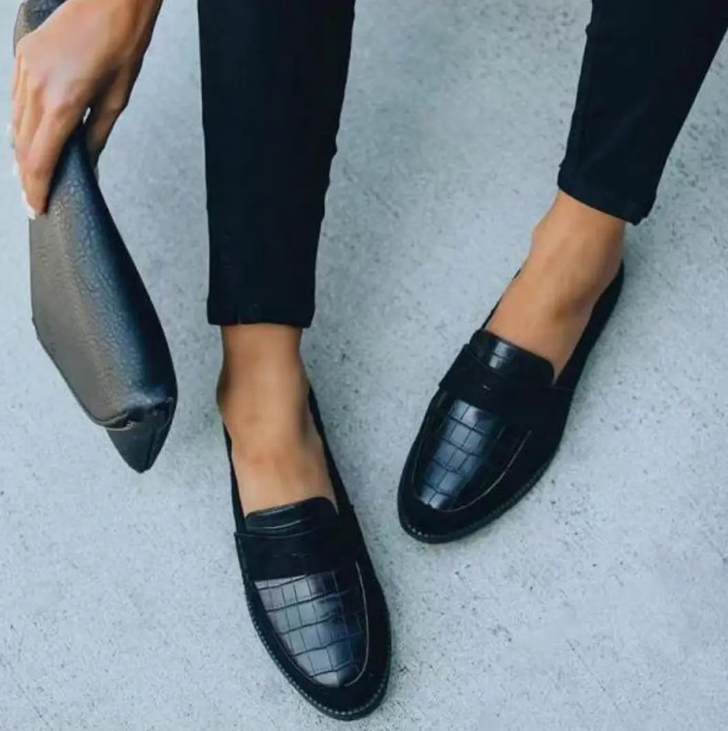 Womens Loafers with Cushioned Insole and Slip-On Croc-Embossed Faux Leather, Black
