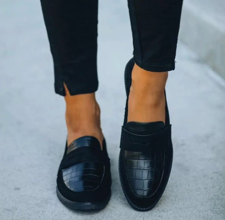 Womens Loafers with Cushioned Insole and Slip-On Croc-Embossed Faux Leather, Black