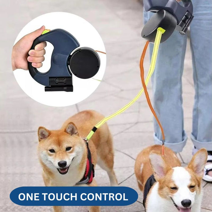 10FT Dual Retractable Dog Leash with Built-In Flashlight and Waste Bag Holder