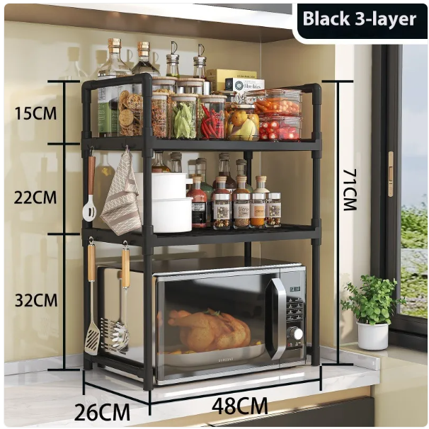 Expandable 3 Tier Microwave Stand for Countertop with 6 Utensil Hooks