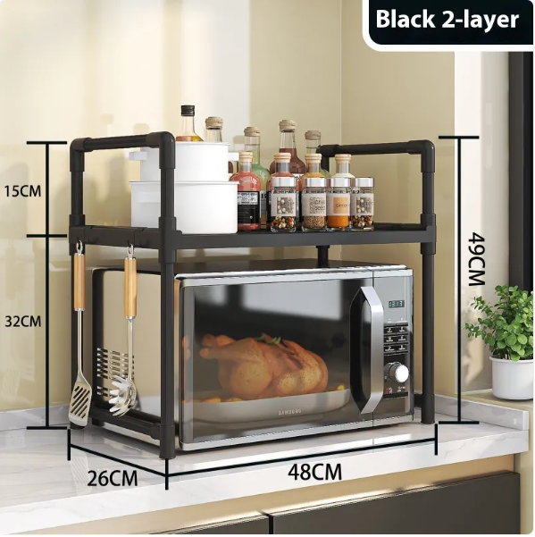 Expandable 3 Tier Microwave Stand for Countertop with 6 Utensil Hooks