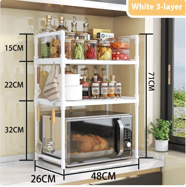 Expandable 3 Tier Microwave Stand for Countertop with 6 Utensil Hooks