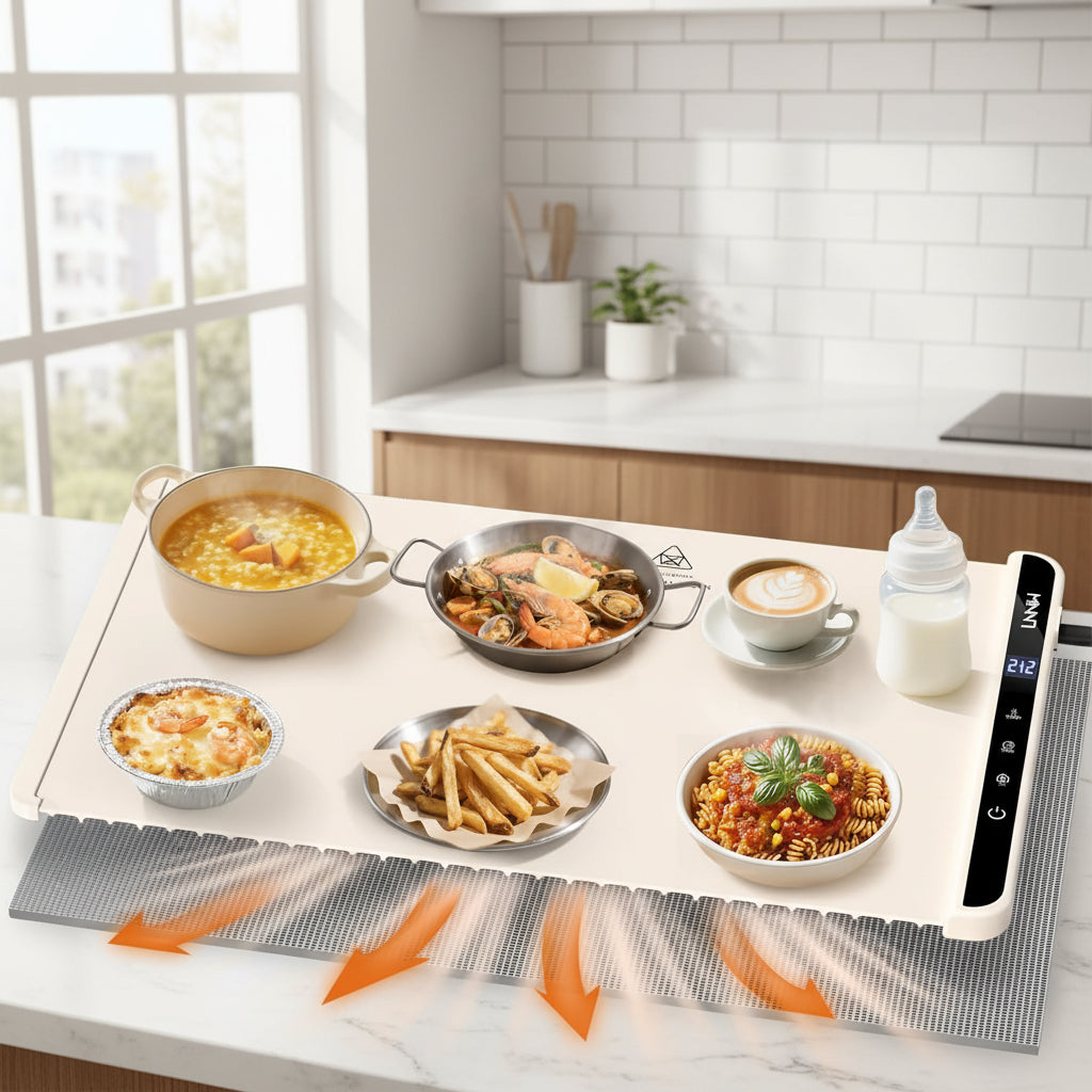 Electric Food Warming Mat with Adjustable Temperature and 6-Hour Timer, Child Safety Lock