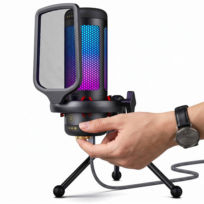 USB Gaming Microphone RGB for PC PS4 PS5, Streaming Podcast Mic with One Tap Mute Sound Control Mount Adapter