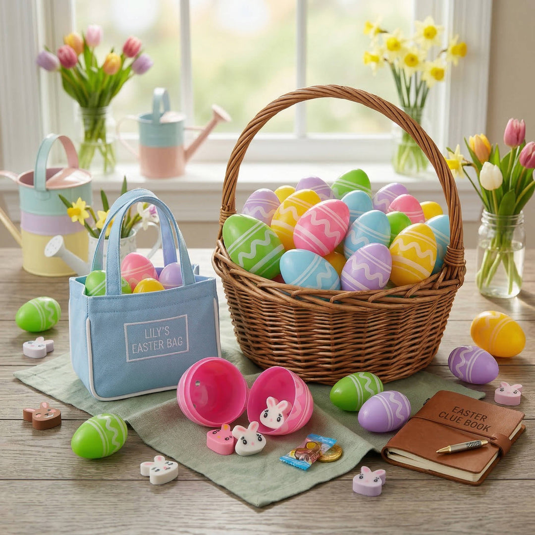 Mini Plastic Easter Eggs with Rubber Erasers 48 Pc Set, colourful Easter Egg Hunt Fillers for Kids Party Favors