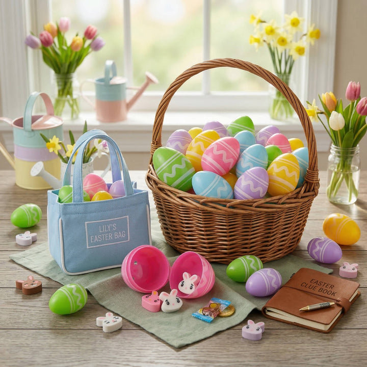 Mini Plastic Easter Eggs with Rubber Erasers 48 Pc Set, colourful Easter Egg Hunt Fillers for Kids Party Favors