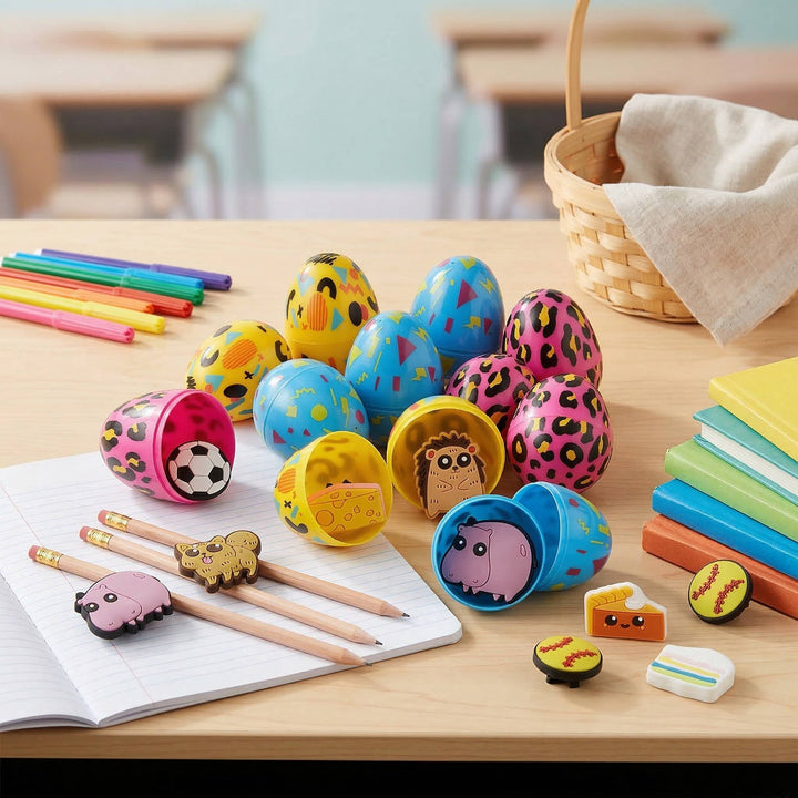 Plastic Easter Eggs with Pencil Charms 24 Pc, Kids Easter Egg Hunt Fillers School Prize Toys