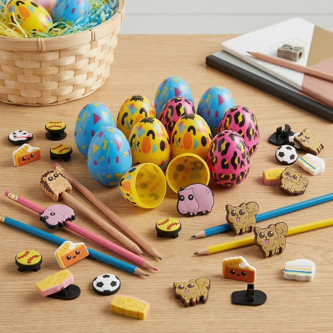 Plastic Easter Eggs with Pencil Charms 24 Pc, Kids Easter Egg Hunt Fillers School Prize Toys