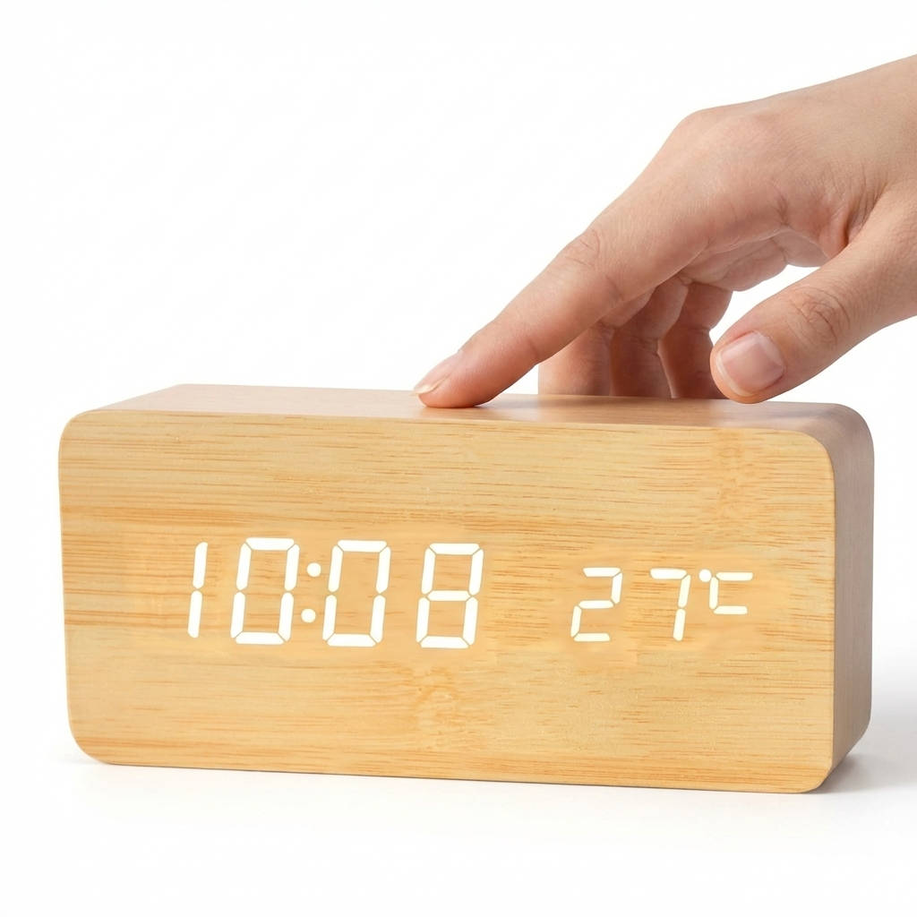 Wooden Digital Alarm Clock with Sound Control and Digital Display