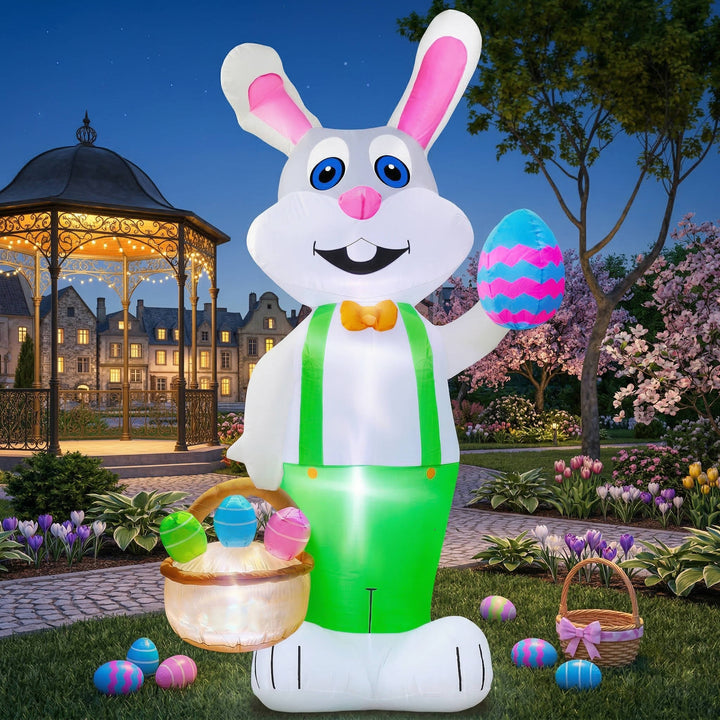 8 Feet Giant Bunny Easter Inflatables Outdoor Decoration, Lighted Blow Up Rabbit Holds Easter Eggs Basket