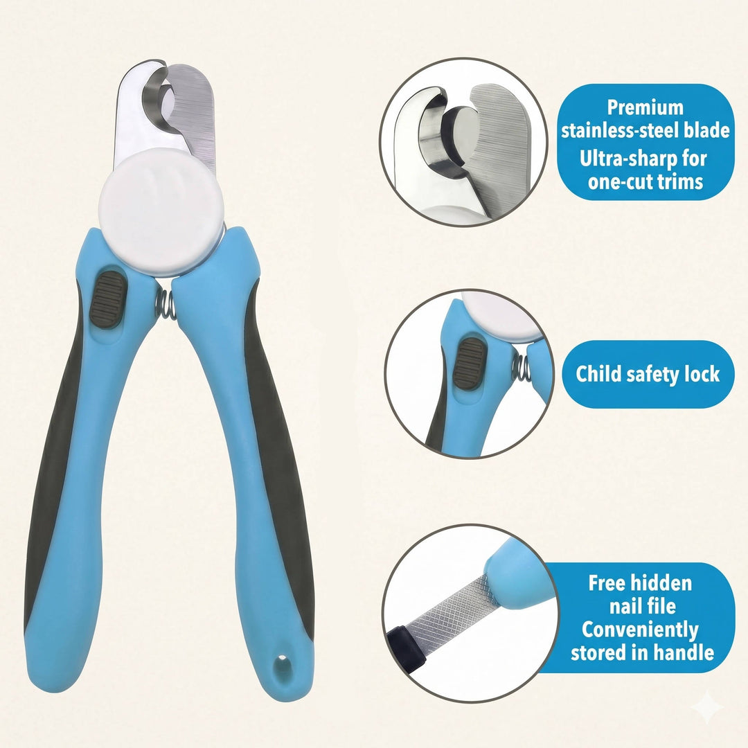 Pet Nail Clippers for Dogs and Cats – Stainless Steel Blades with Safety Guard, Non-Slip Handle and Built-In Nail File