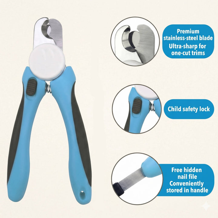Pet Nail Clippers for Dogs and Cats – Stainless Steel Blades with Safety Guard, Non-Slip Handle and Built-In Nail File