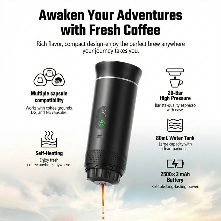 Portable Mini Coffee Machine for Car, Home, Camping, Espresso,Nespresso, Ground Coffee