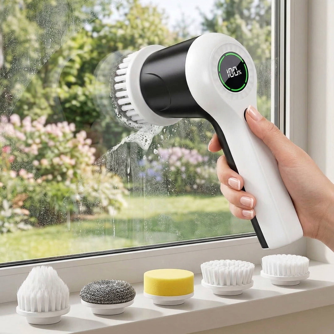 Cordless Electric Spin Scrubber with 2 Speeds and Battery Display, 6 Head Cleaning Brush for Bathroom, Sink and Window
