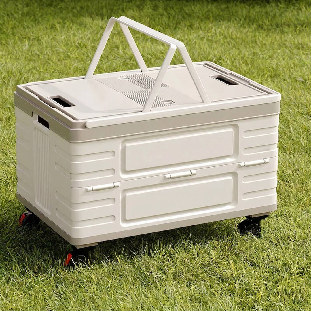Portable Collapsible Outdoor Storage Box for Camping, Picnic and Garden, Foldable Rolling Cart with 360° Wheels and Wood Lid