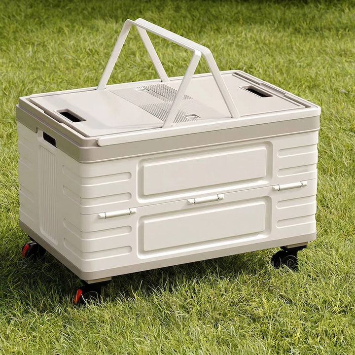 Portable Collapsible Outdoor Storage Box for Camping, Picnic and Garden, Foldable Rolling Cart with 360° Wheels and Wood Lid