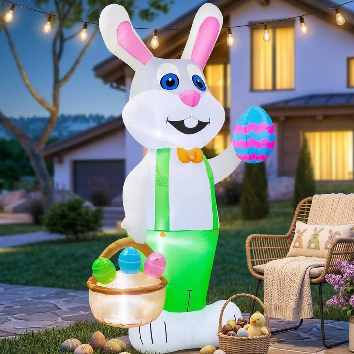 8 Feet Giant Bunny Easter Inflatables Outdoor Decoration, Lighted Blow Up Rabbit Holds Easter Eggs Basket