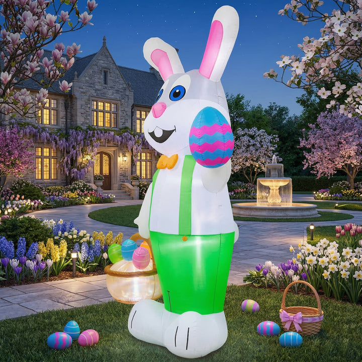 8 Feet Giant Bunny Easter Inflatables Outdoor Decoration, Lighted Blow Up Rabbit Holds Easter Eggs Basket