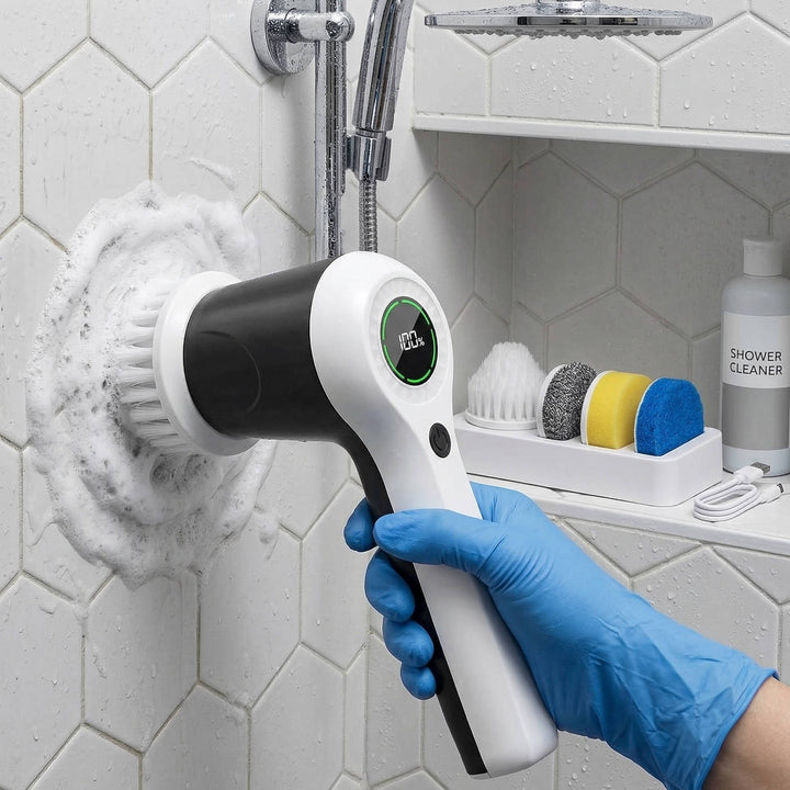 Cordless Electric Spin Scrubber with 2 Speeds and Battery Display, 6 Head Cleaning Brush for Bathroom, Sink and Window