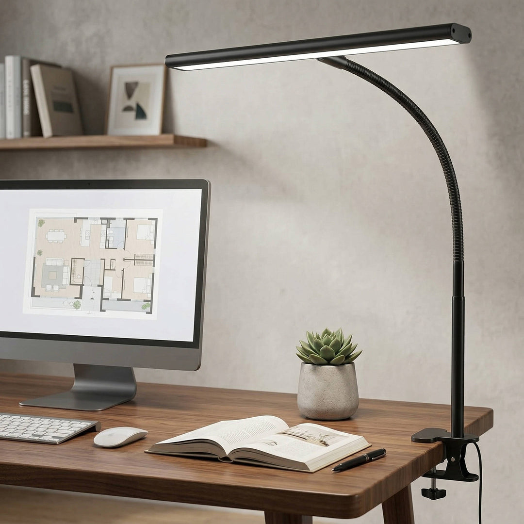 LED Desk Lamp for Office Home, Eye-Friendly Desk Light with Stepless Dimming Adjustable Flexible Gooseneck