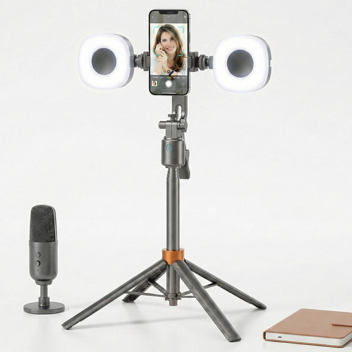 360° Smart Face Tracking Tripod with Dual Fill Lights, Rechargeable Selfie Stick Tripod for Vlogging and Live Streaming, Auto Tracking Phone Holder