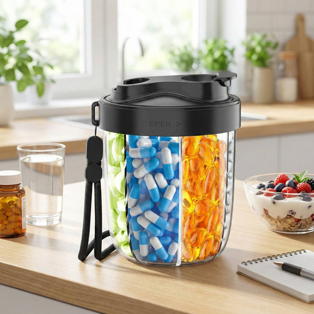 Large Pill Organizer with 4 Compartments, Portable Travel Pill Vitamin Dispenser Case, Anti Mix Wide Opening Design with Carrying Strap