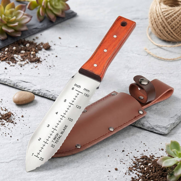 Garden Knife Weeding Tool 7 Inch Full Tang, Durable Digging Knife with Leather Sheath for Outdoor Gardening