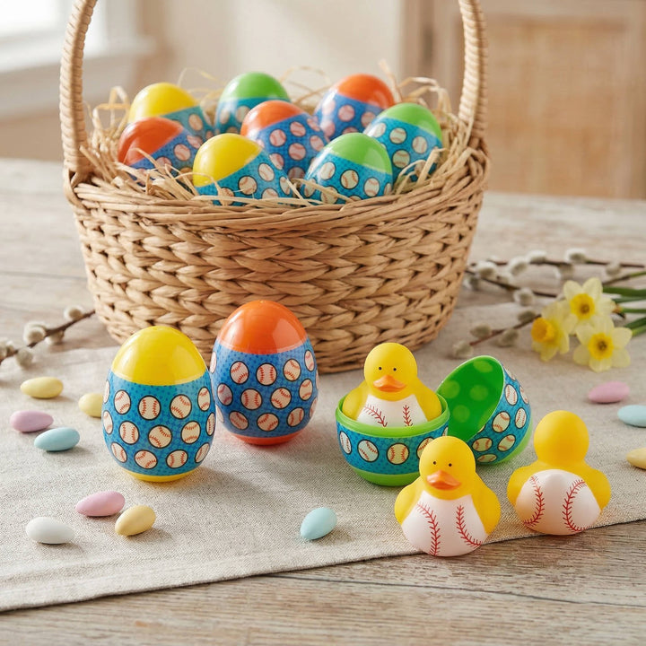 Baseball Duck Filled Plastic Easter Eggs 12 Pc, Kids Easter Egg Hunt Toy Fillers Party Favor Eggs