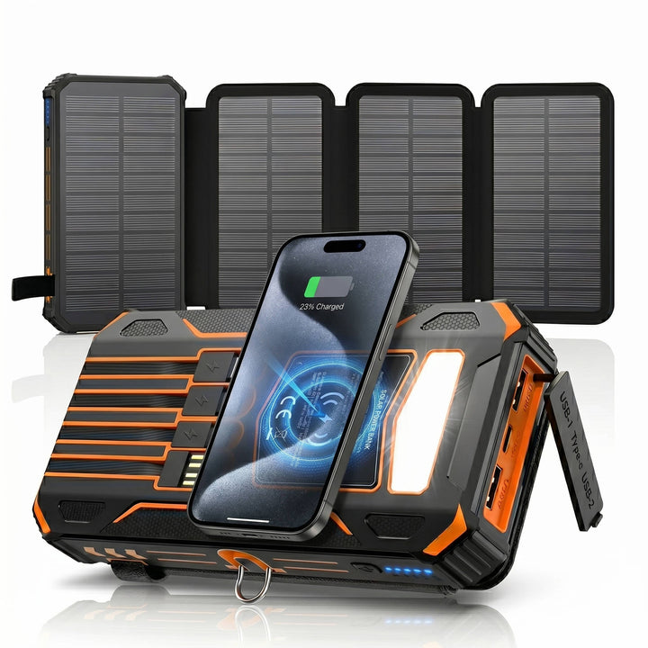 48000mAh Solar Power Bank Wireless Charger, 15W Fast Charging Battery Pack with 4 Built in Cables 7 Outputs USB C Flashlight