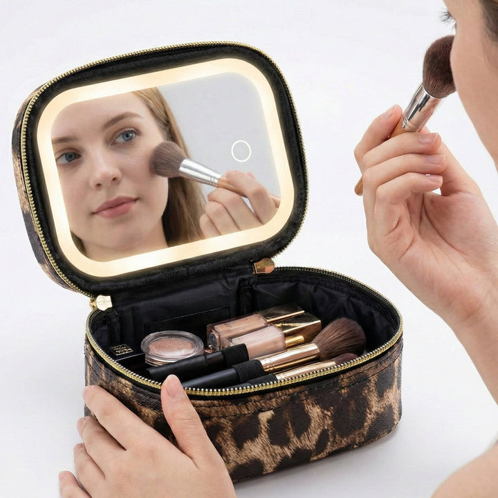Travel Makeup Bag, Cosmetic Train Case, Adjustable LED Mirror, Portable Organizer