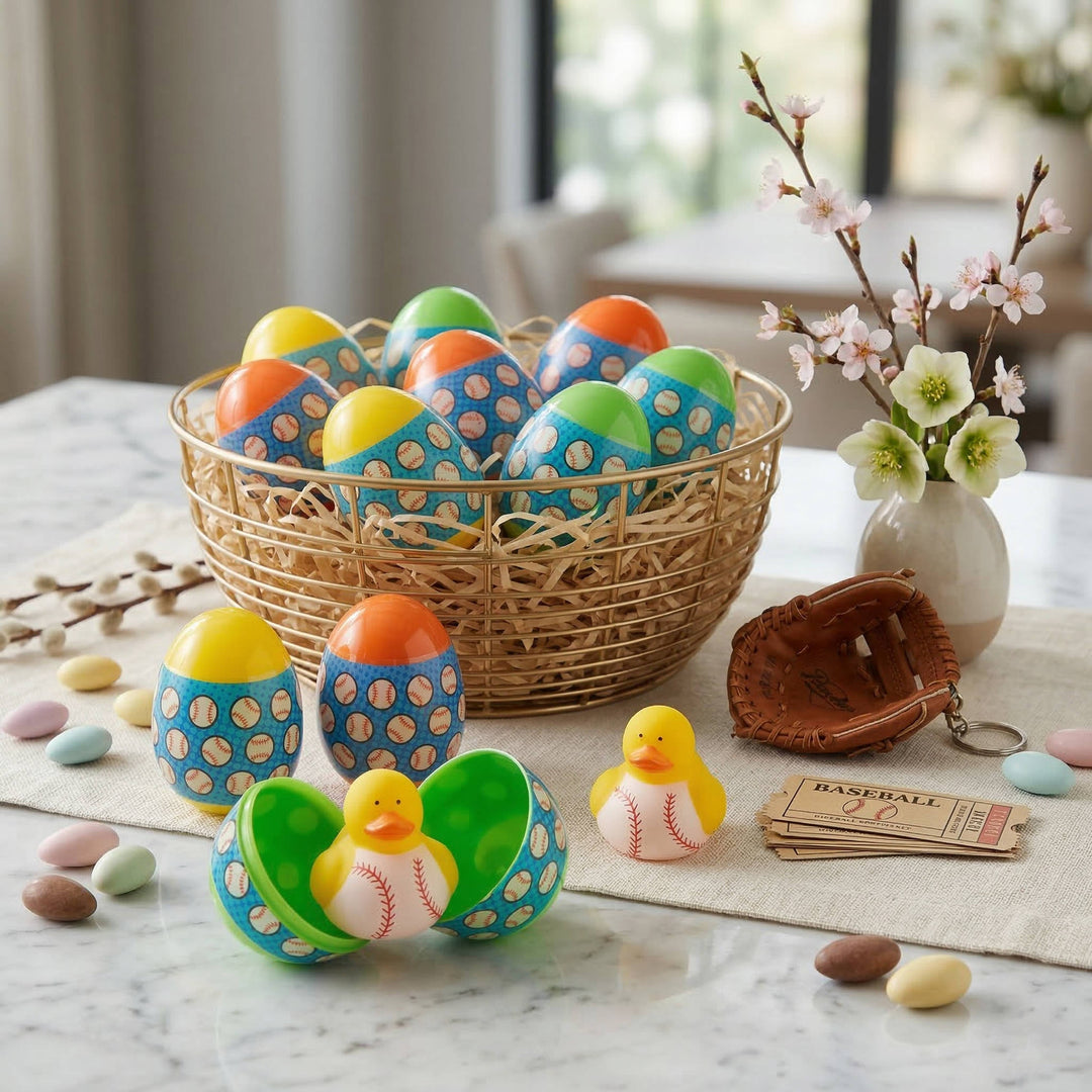 Baseball Duck Filled Plastic Easter Eggs 12 Pc, Kids Easter Egg Hunt Toy Fillers Party Favor Eggs