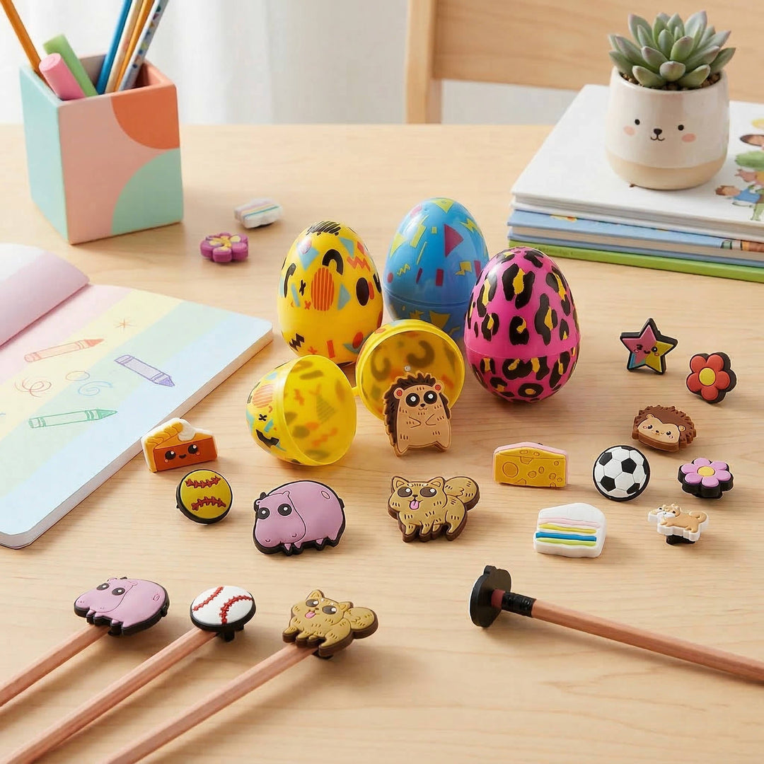 Plastic Easter Eggs with Pencil Charms 24 Pc, Kids Easter Egg Hunt Fillers School Prize Toys