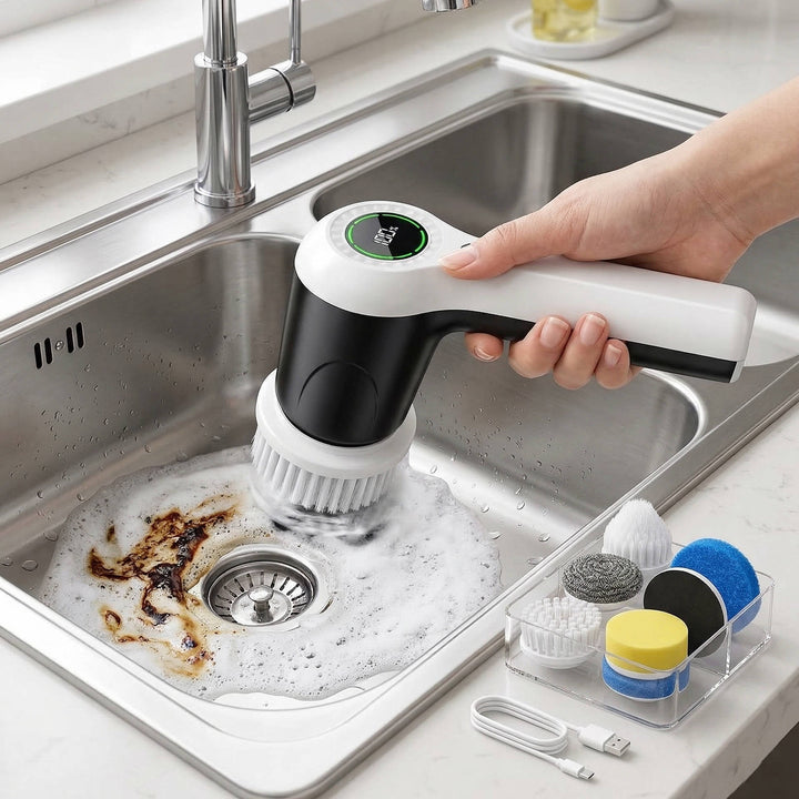 Cordless Electric Spin Scrubber with 2 Speeds and Battery Display, 6 Head Cleaning Brush for Bathroom, Sink and Window