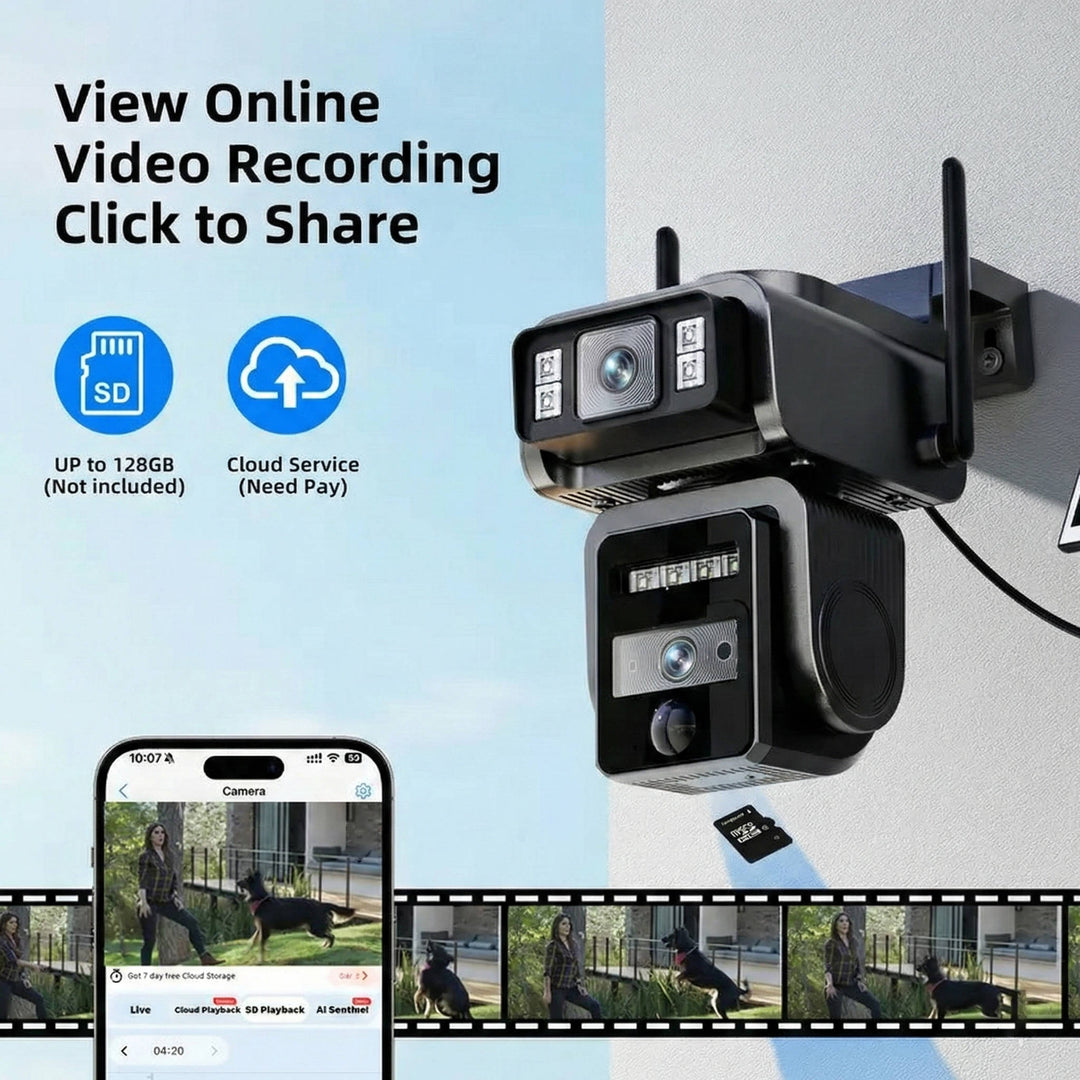Outdoor Solar CCTV Security Camera with Automatic Tracking, Dual Lens Wireless Security System, 1080P HD, Two Way Audio and IP66 Waterproof